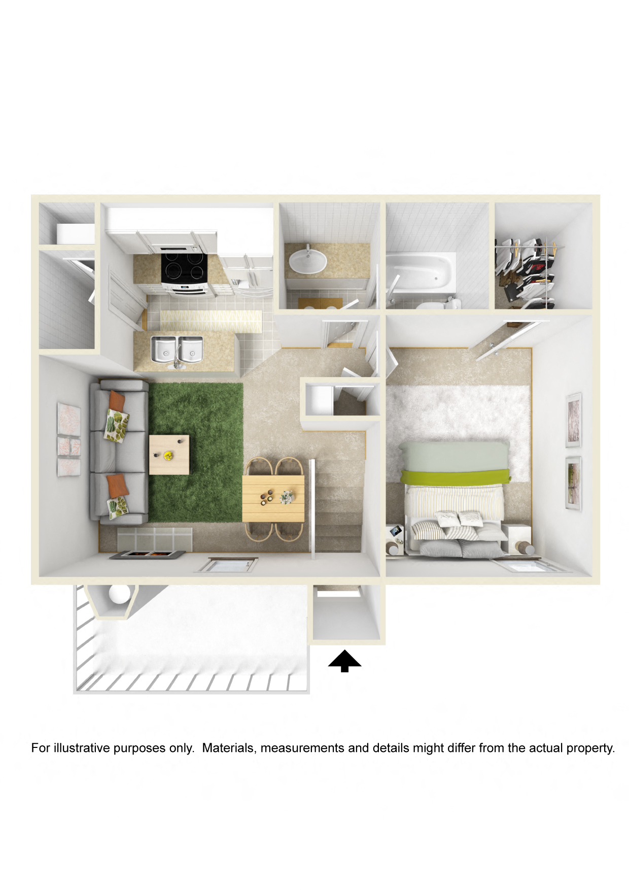 Floor plan for 1 bed, 1 bath, 650 sqft